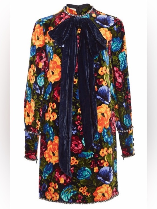Gucci Dresses & Skirts - Gucci Multicolor Floral Velvet Dress With Jeweled Trim And Navy Velvet Bow